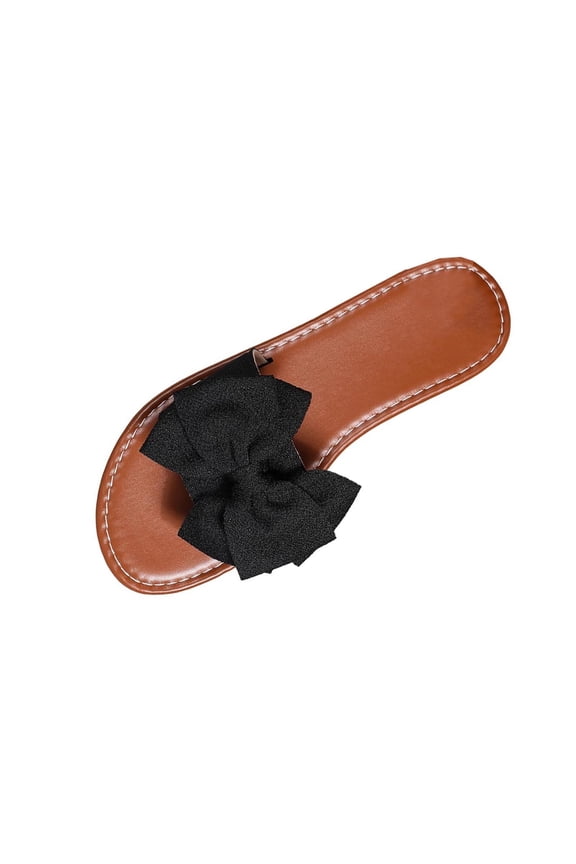 Womens Black Slide Sandals with Fluffy Bow, Comfortable Flat Summer Slides for Casual Everyday,Size 37