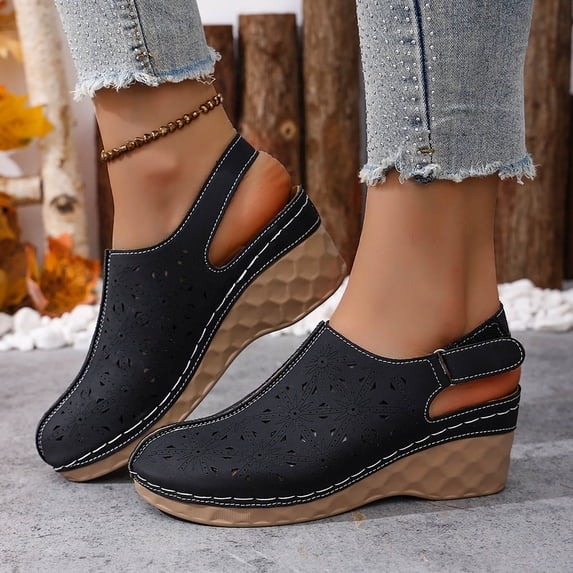 Womens Black Slingback Clog Sandals Comfort Wedge Breathable Cut-Out Design Adjustable Strap Slip On Casual Everyday Shoes,Size 41