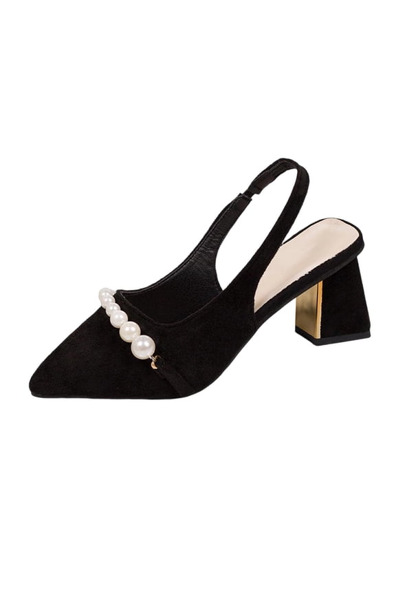 Womens Black Slingback Pumps with Pearl Accent, Flocked Velvet Pointed Toe & Comfortable Block Heel Dress Shoes for Work & Evening,Size 5.5