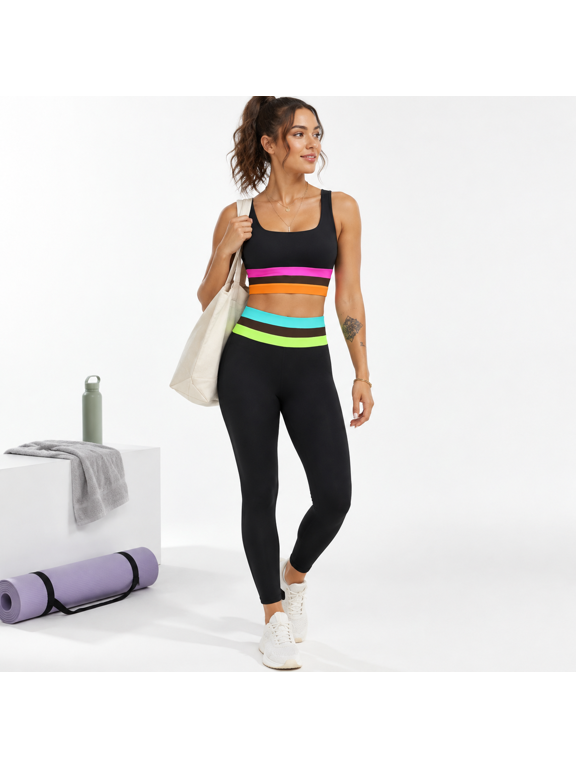 Womens Black Small Color Block Workout Set with Side Pockets for Pilates
