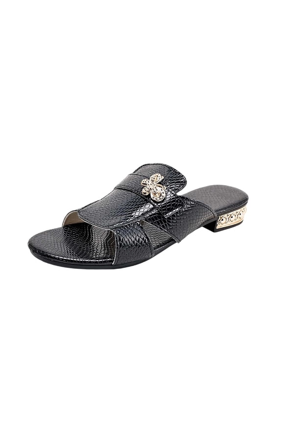 Womens Black Snake Print Slide Sandals with Butterfly Charm, Low Block Heel Comfortable Casual Mules for Everyday Walking,Size 5.5