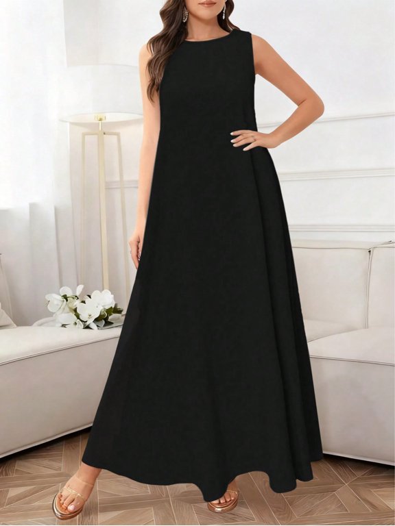 Womens Black Solid Color Casual Round Neck Sleeveless Loose Maxi Dress