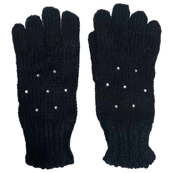 Womens Black Sparkle Rhinestone Knit Gloves