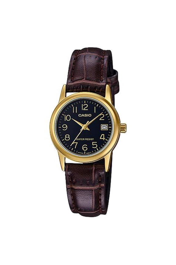 Womens Black Steel Case and Leather Brown Band Water Resist Watch LTP-V002GL-1BUDF