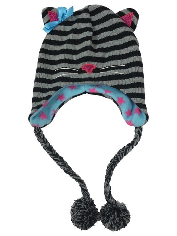 Womens Black Striped Kitty Cat Peruvian Style Trapper Hat Fleece Lined
