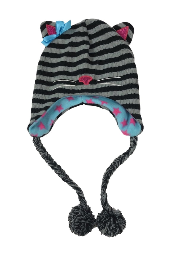 Womens Black Striped Kitty Cat Peruvian Style Trapper Hat Fleece Lined