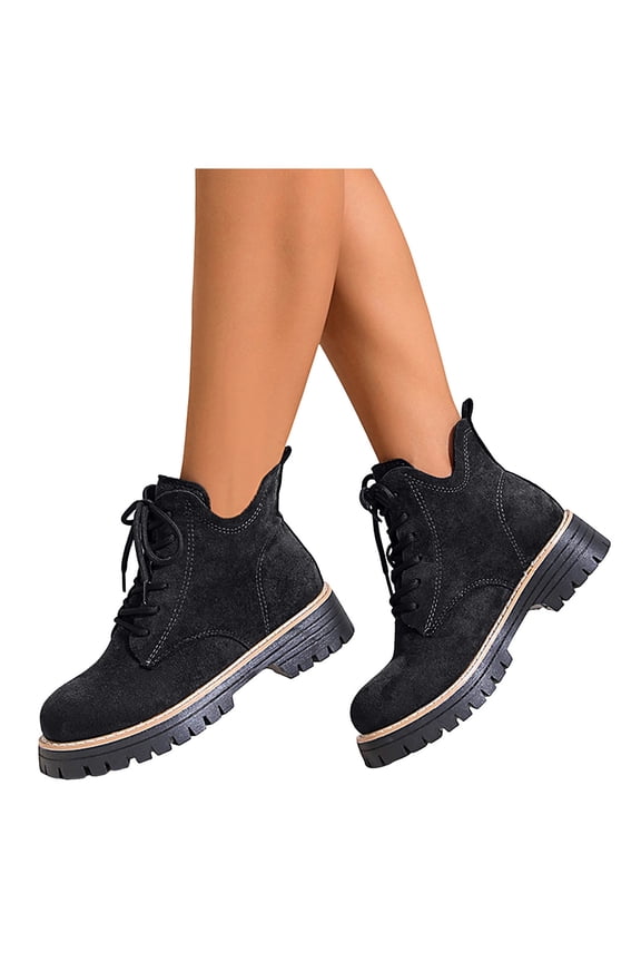Womens Black Suede Ankle Platform Boots Lace Up Combat Booties Fashion Lug Sole Mid Calf Fall Boots