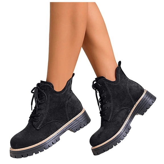 Womens Black Suede Ankle Platform Boots Lace Up Combat Booties Fashion Lug Sole Mid Calf Fall Boots