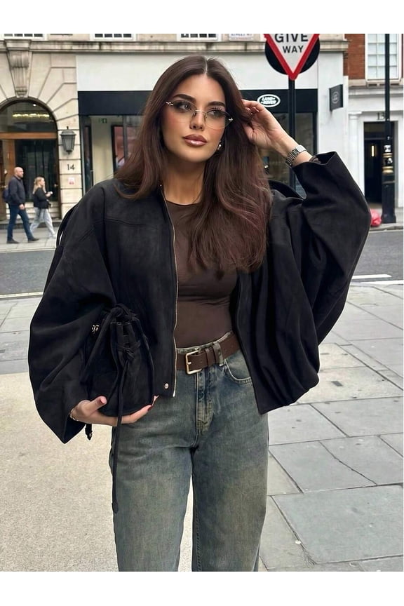 Womens Black Suede Fleece Aviator Jacket, Lapel Collar, Zipper Front, Long