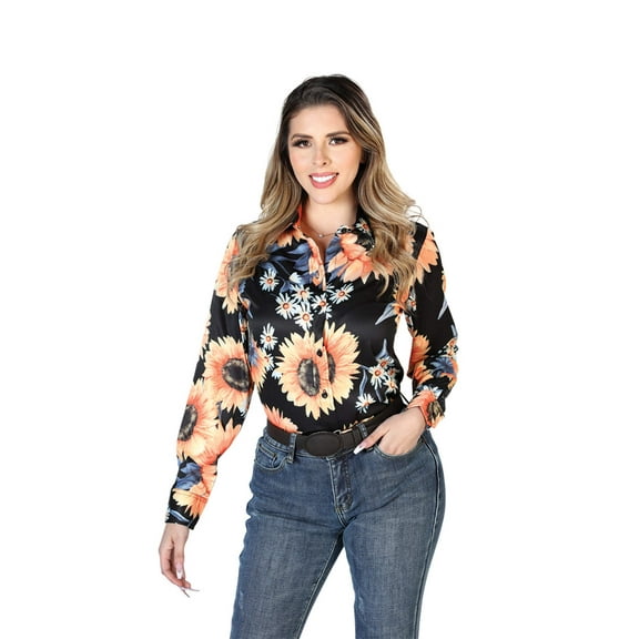 Womens Black/Sunflowers Long Sleeve Western Shirt 43900