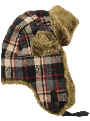 Womens Black Tan Grey Cream & Red Plaid & Faux Fur Trapper 