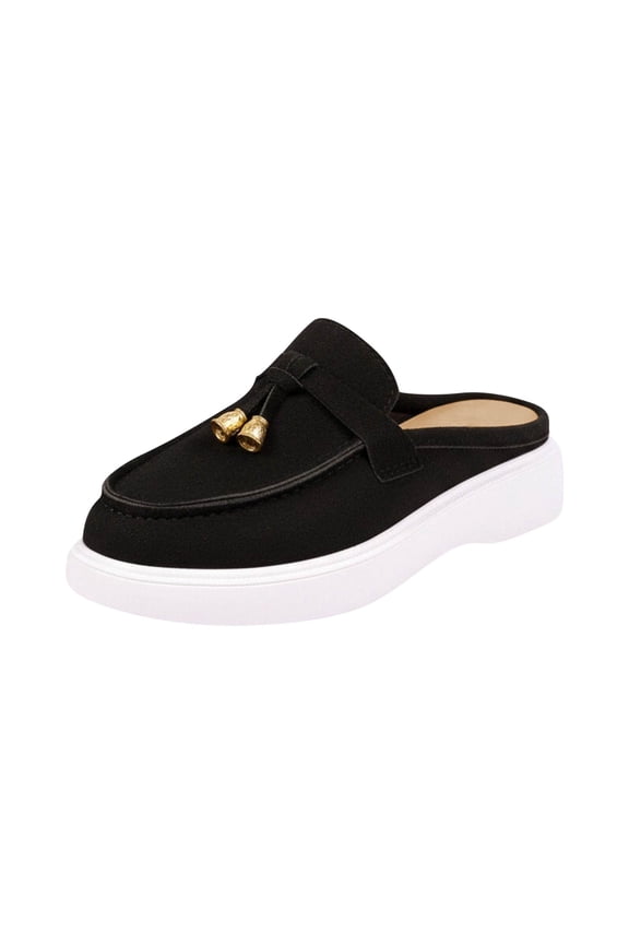 Womens Black Tassel Mule Loafers Slip On Platform Backless Casual Shoes Comfortable Lightweight Flocked Fabric Round Toe Loafers for Women,Size 6
