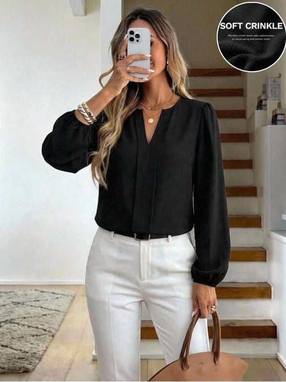 Womens Black V-Neck Long Sleeve Blouse, Elegant Puff Sleeve Top