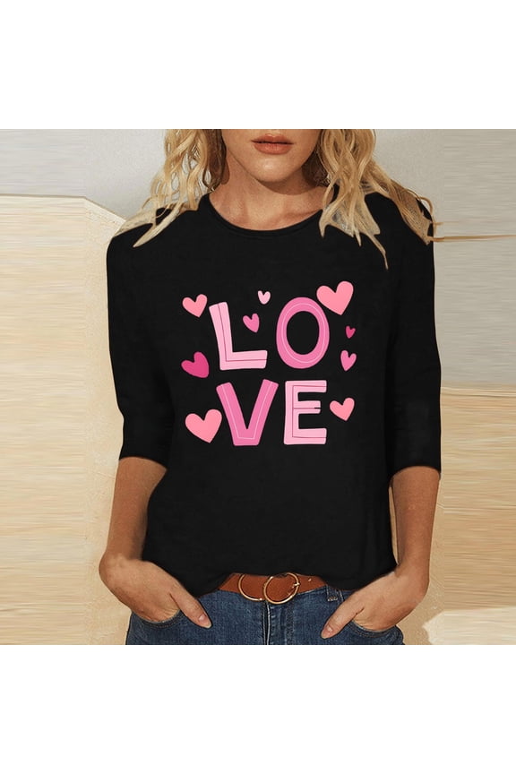 Womens Black Valentine's Day Heart Print Sweatshirt, Crew Neck Loose Fit 100% Polyester Casual Top for Daily Wear & Holiday Parties, XS-XL,Size M