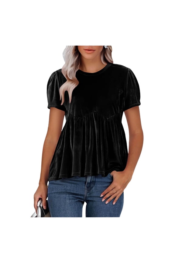 Womens Black Velvet Peplum Top Short Sleeve Blouse - Puff Sleeve Crew Neck Tunic Wrinkle Resistant Casual Office Wear Easy Care Polyester,Size 2XL