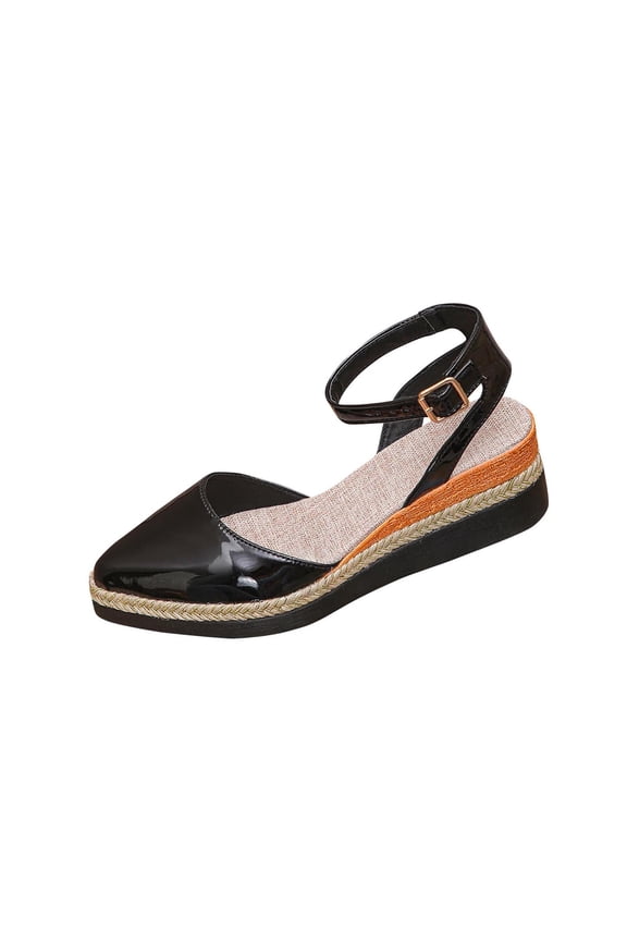 Womens Black Wedge Sandals Comfortable Low Heel Pointed Toe Ankle Strap Espadrille Casual Summer Sandals,Size 5.5