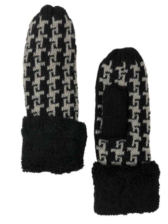 Womens Black & White Houndstooth Knit Mittens Sherpa Lined