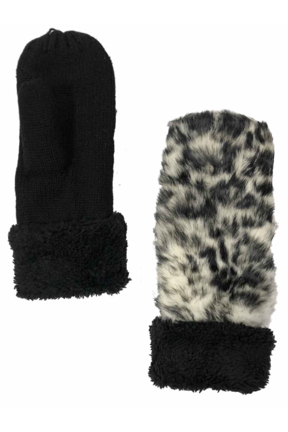 Womens Black & White Leopard Print Faux Fur & Knit Mittens Sherpa Lined