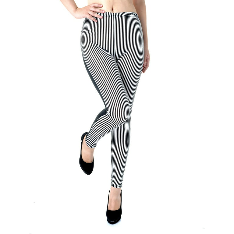 Womens Black White Stripe Solid High Waisted Tights Leggings 