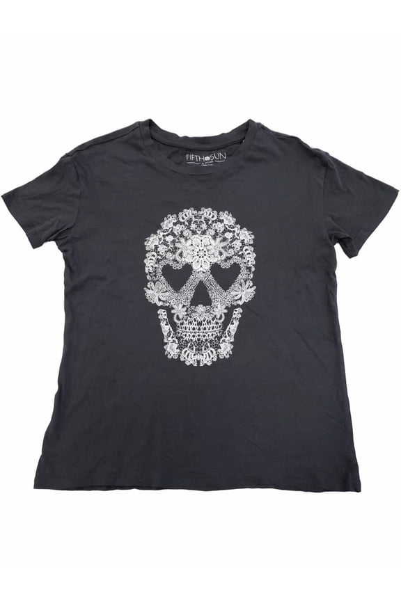 Womens Black & White Sugar Skull Short Sleeve Halloween Tee T-Shirt Top M