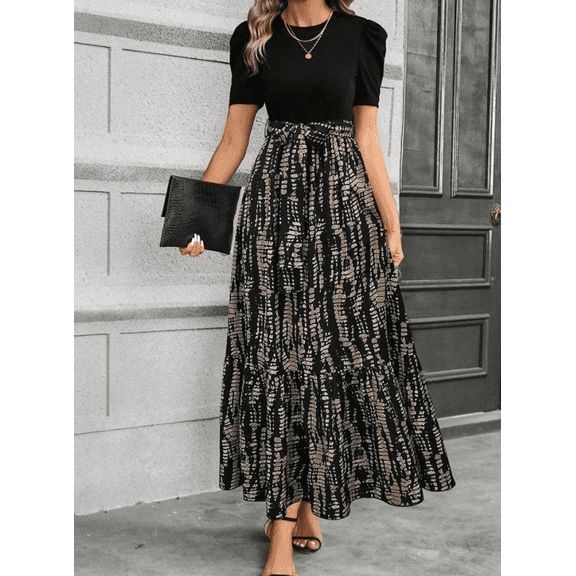 Womens Black White Summer Floral Print Dress Round Neck Short Sleeve Bow Belt Ruffled Hem Casual Chic Colorblock Waist Dress