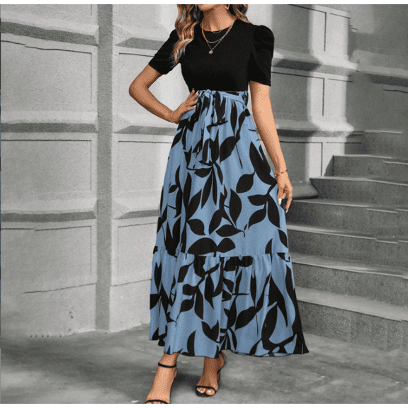 Womens Black White Summer Floral Print Dress Round Neck Short Sleeve Bow Belt Ruffled Hem Casual Chic Colorblock Waist Dress