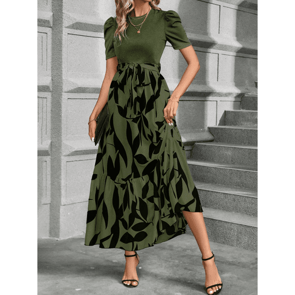 Womens Black White Summer Floral Print Dress Round Neck Short Sleeve Bow Belt Ruffled Hem Casual Chic Colorblock Waist Dress