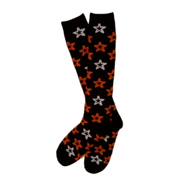 Womens Black With Orange Stars Knee Socks Long Halloween Sock