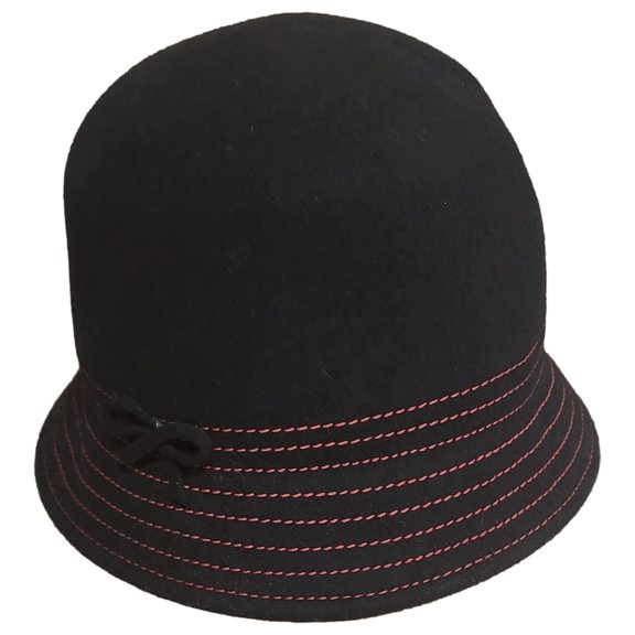 Womens Black Wool Formed Bucket 5.5 Inch Tall Red Stitch