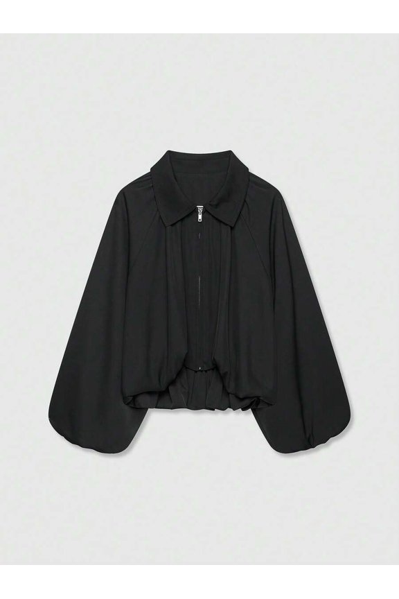 Womens Black Zip-Up Bomber Jacket With Long Bell Sleeves And Collar