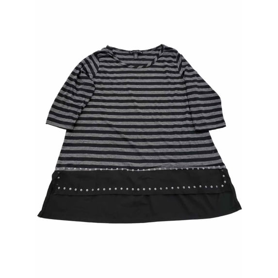 Womens Black and Grey Striped Studded Hem Dressy Shirt Top Blouse L
