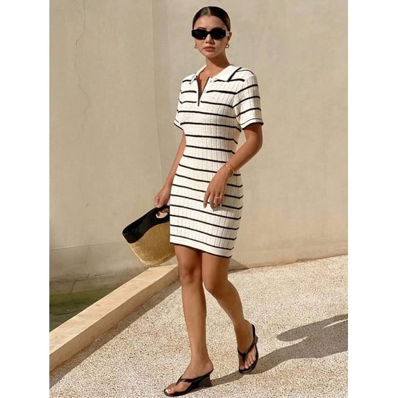 Womens Black and White Striped Knit Dress Short Sleeve
