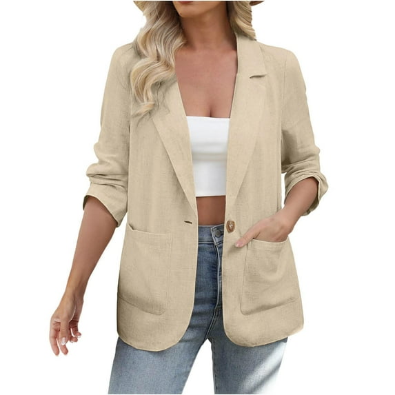 Womens Blazer Business Casual Solid Color Long Sleeve Suit Jacket Lapel Comfortable Work Jackets with Pockets Khaki S