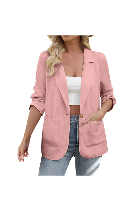Womens Blazer Business Casual Solid Color Long Sleeve Suit Jacket Lapel Comfortable Work Jackets with Pockets Pink XL
