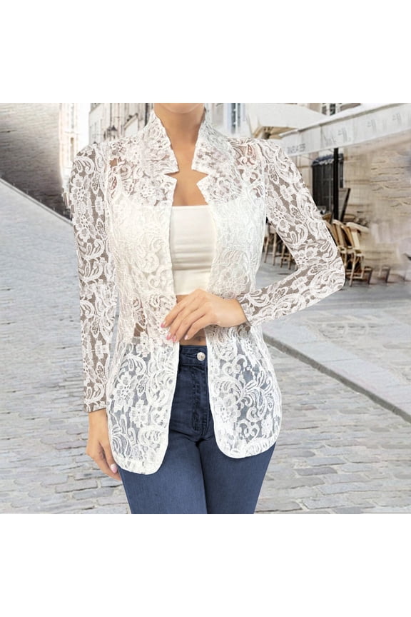 Womens Blazer Casual Versatile Small Suit Solid Color Lace Hollow Out Shirt Long Sleeved Casual Jacket White M