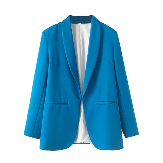 Womens Blazer Elegant Business Office Jacket Casual Open Front Long Loose Notched Lapel Long Sleeve Work Button Down Cardigan Blue L