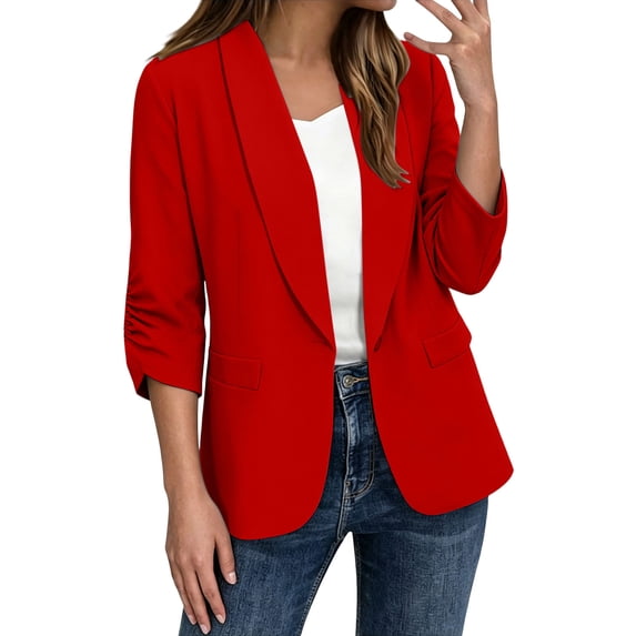 Womens Blazer Jacket 3/4 Sleeve with Pleats Lapel Collar Work Business Casual Suit Tops One-Button Cardigans (L, Red)