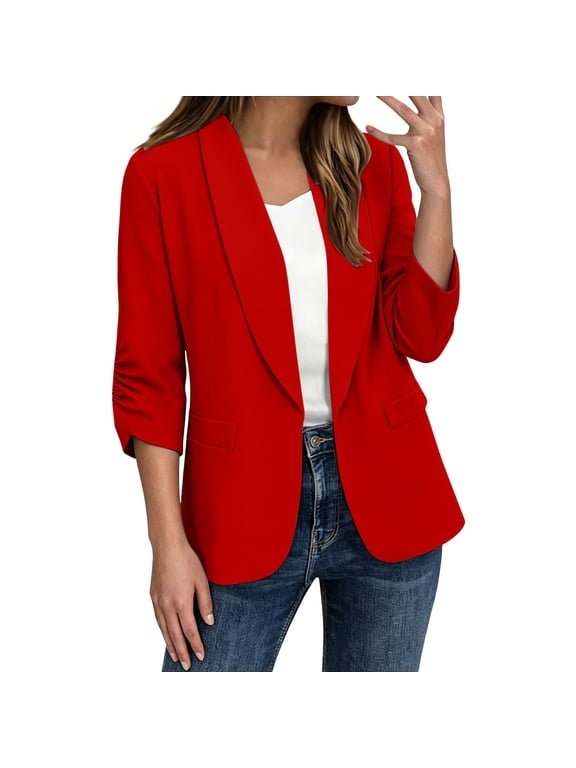 Womens Blazer Jacket 3/4 Sleeve with Pleats Lapel Collar Work Business Casual Suit Tops One-Button Cardigans (M, Red)