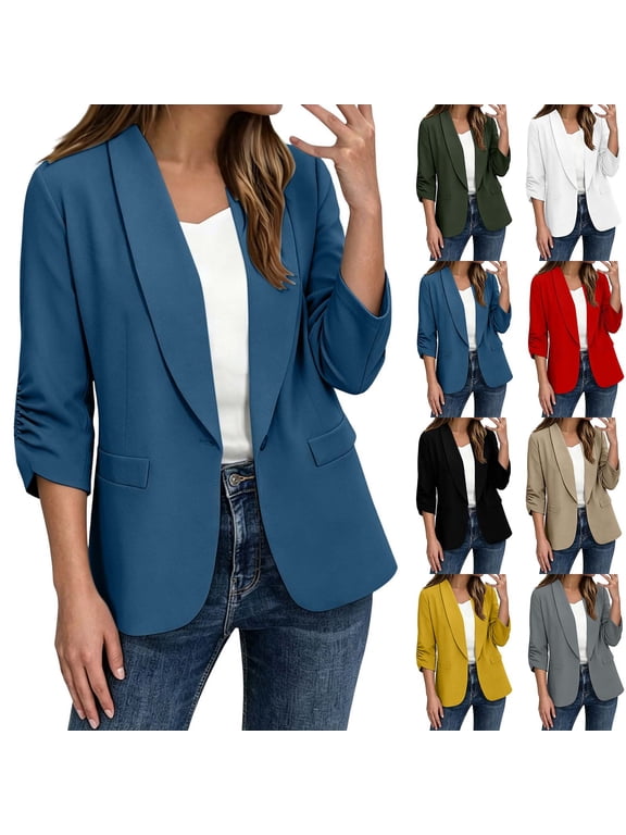 Womens Blazer Jacket 3/4 Sleeve with Pleats Lapel Collar Work Business Casual Suit Tops One-Button Cardigans (XL, Blue)