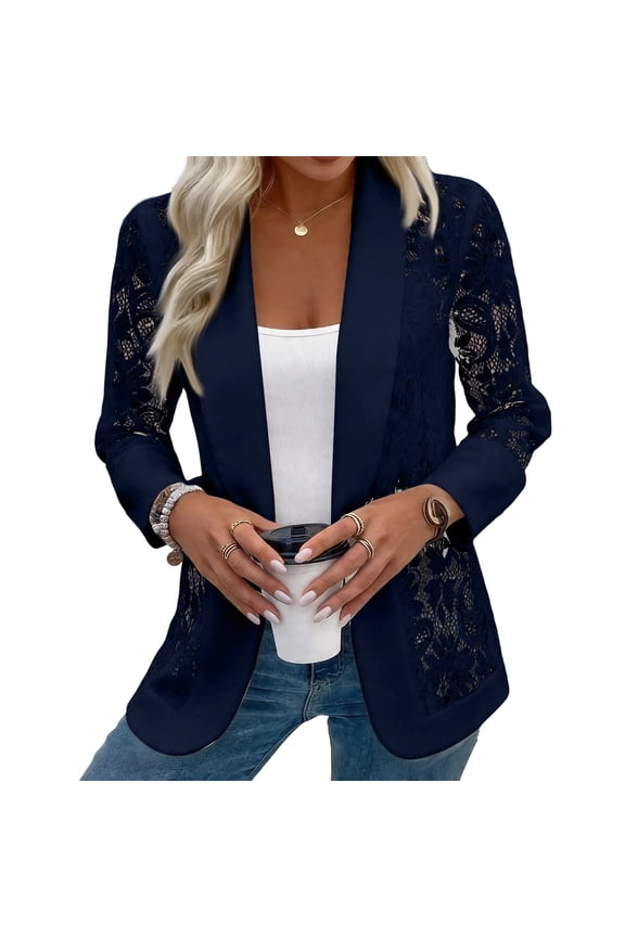 Womens Blazer Open Front Lace Sheer Mesh Blazer Elegant Long Sleeve Casual Blazers Jacket Navy XL