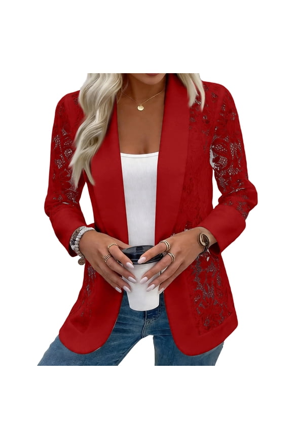 Womens Blazer Open Front Lace Sheer Mesh Blazer Elegant Long Sleeve Casual Blazers Jacket Red S