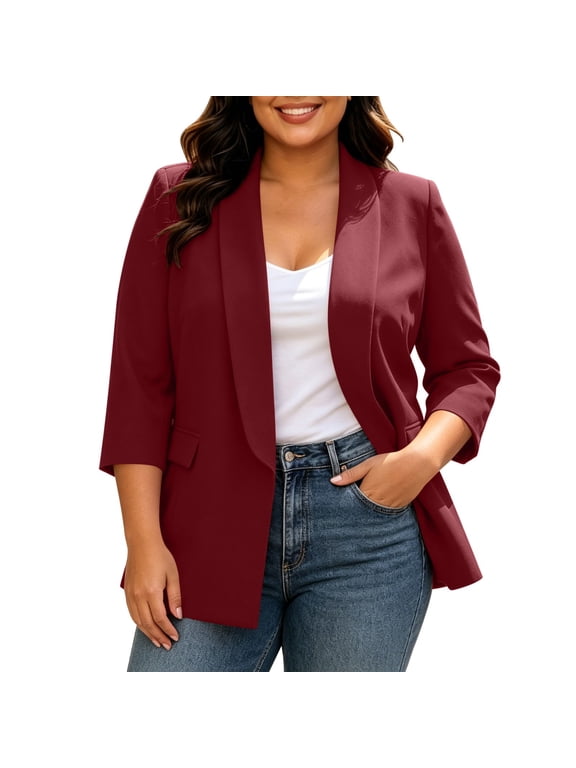 Womens Blazer Plus Size 3/4 Sleeve Padded Shoulder Business Casual Lapel Collar Cardigan Outwear with Pocket (L, Wine)