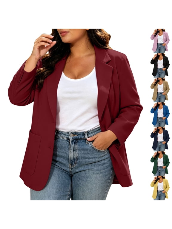 Womens Blazer Plus Size Officewear Padded Shoulder Business Casual Lapel Collar Cardigan Outwear with Pocket (L, Wine|Long Sleeve)