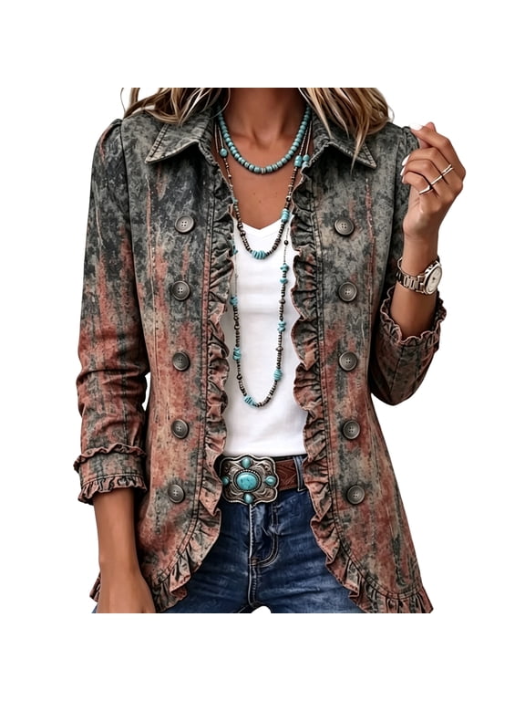 Womens Blazer Ruffled Lapel Collar Long Sleeve Coat Vintage Fashion Print Single Breasted Casual Western Daily Jacket Gray M