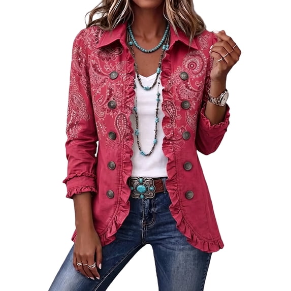 Womens Blazer Ruffled Lapel Collar Long Sleeve Coat Vintage Fashion Print Single Breasted Casual Western Daily Jacket Hot Pink XXL