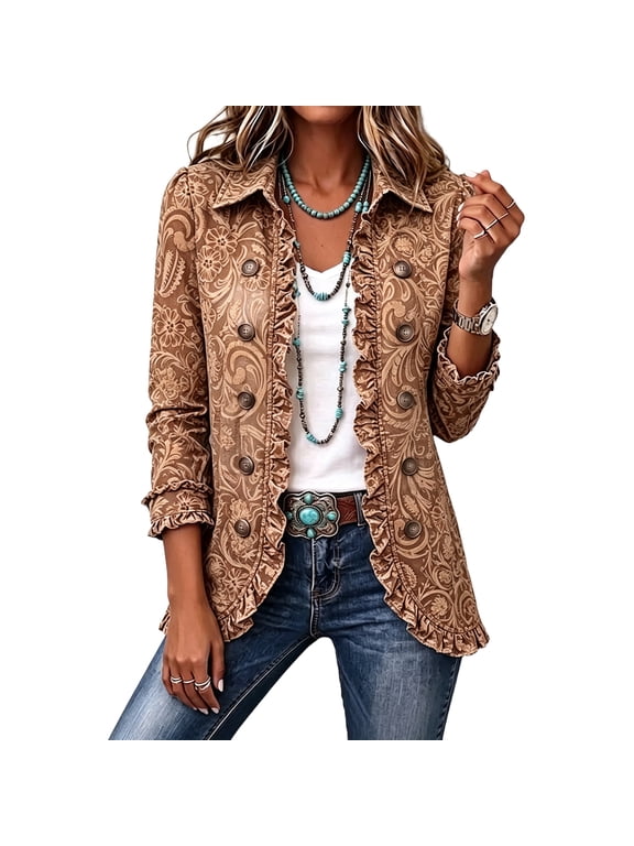 Womens Blazer Ruffled Lapel Collar Long Sleeve Coat Vintage Fashion Print Single Breasted Casual Western Daily Jacket Khaki M