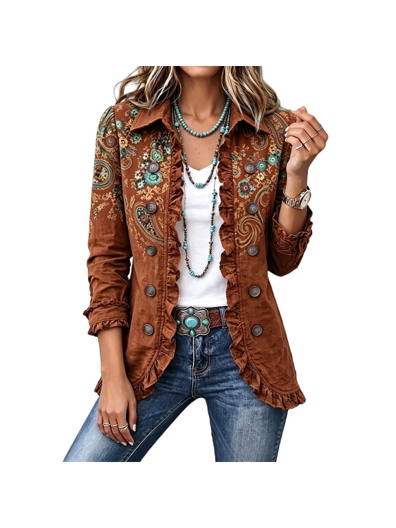 Womens Blazer Ruffled Lapel Collar Long Sleeve Coat Vintage Floral Print Single Breasted Casual Western Daily Jacket Coffee L