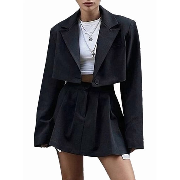 Womens Blazer Short Skirt Sets Lapel Neck Casual Long Sleeve Button Office Autumn 2 Piece Lounge Matching Sets Black S