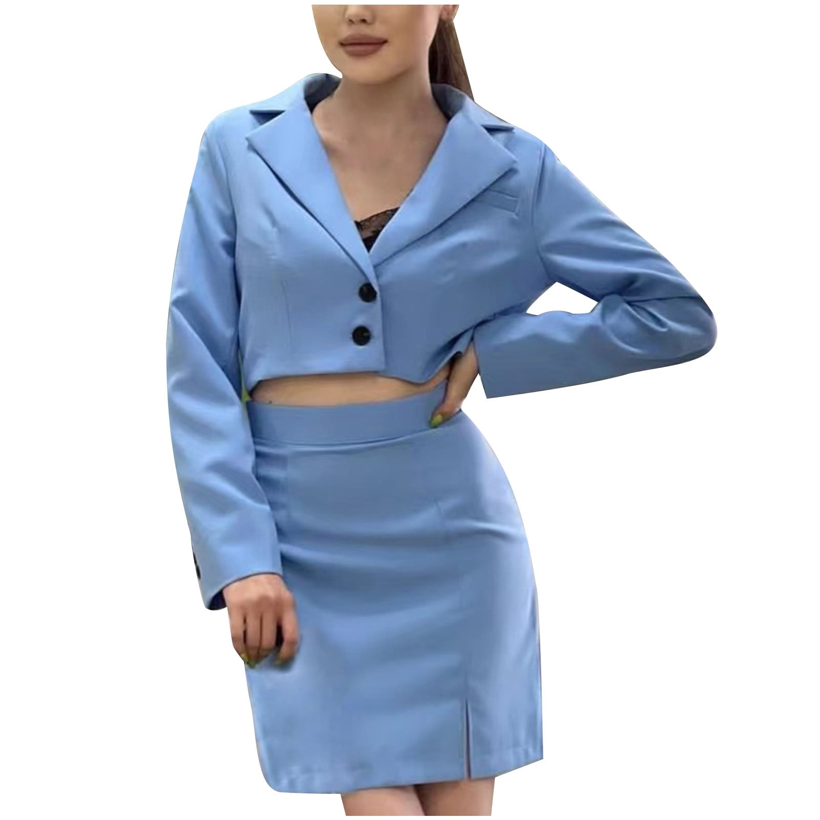 Women Business Work Slim Fit Blazer Office 2 Piece Set Long Skirt