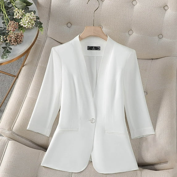 Womens Blazer Slim Fit 3/4 Sleeve Solid Color Notched Lapel Buttons Business Casual Work Office Jacket Suit Jacket with Pockets